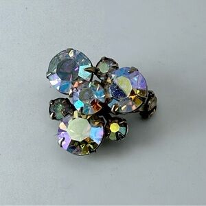 Vintage Aurora Borealis AB Rhinestone Brooch Pin MCM Silver Tone Costume Jewelry